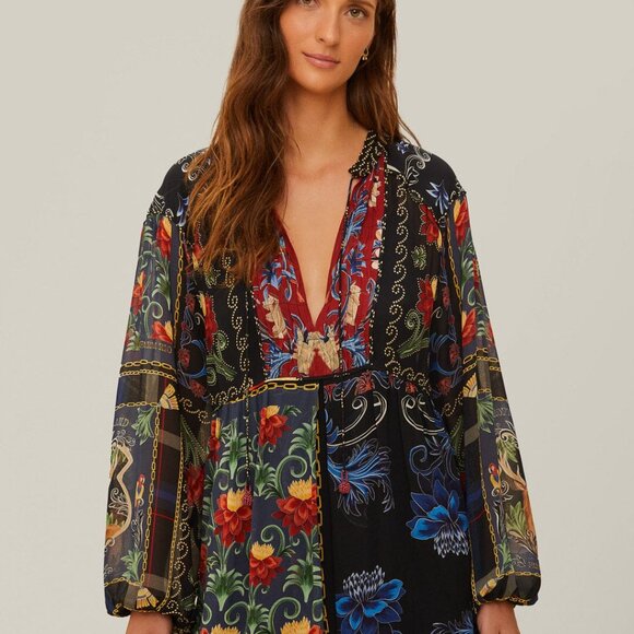 FARM Rio Black Mixed Arabesque Scarves Long Sleeve Mini Dress - Size Large - Picture 3 of 4